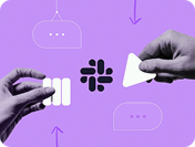 Hands interacting with abstract shapes and tech icons on light purple background